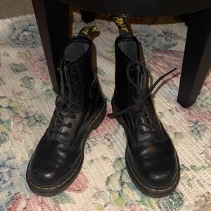 Dr. Martens Black Leather Boots with Yellow Stitching